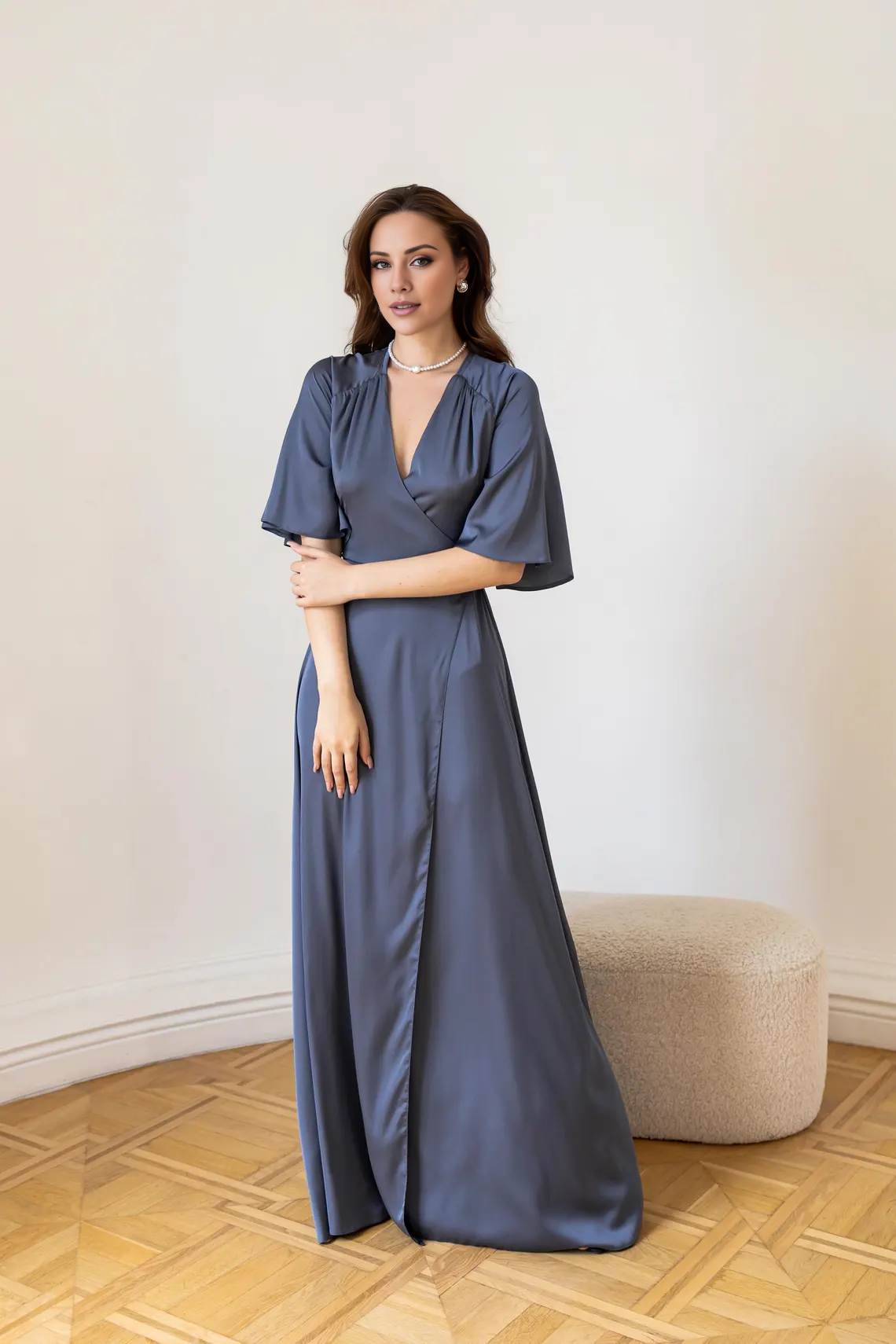 Vestido de fiesta Jimiss de satén con escote en V profundo, manga corta, abertura y largo hasta el suelo 