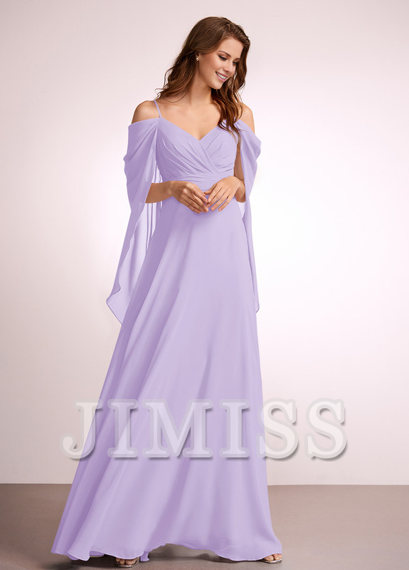 Dusty Rose Chiffon A-Line Floor-Length Bridesmaid Dress with Draped V-Neck Bodice and Off-the-Shoulder Sleeves
