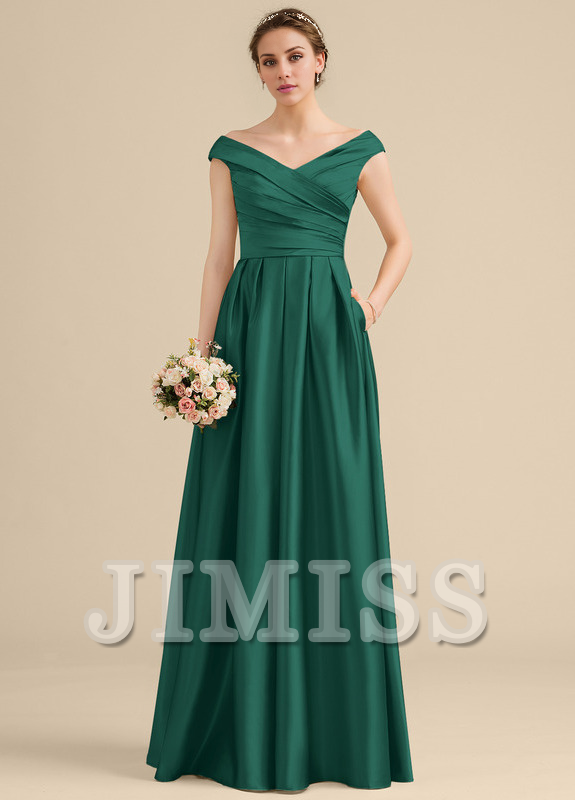 Vestido de dama de honor de satén con volantes, corte A, hombros descubiertos y largo hasta el suelo