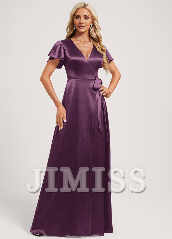 Vestido de dama de honor de satén elástico, largo hasta el suelo, con escote en V y corte A