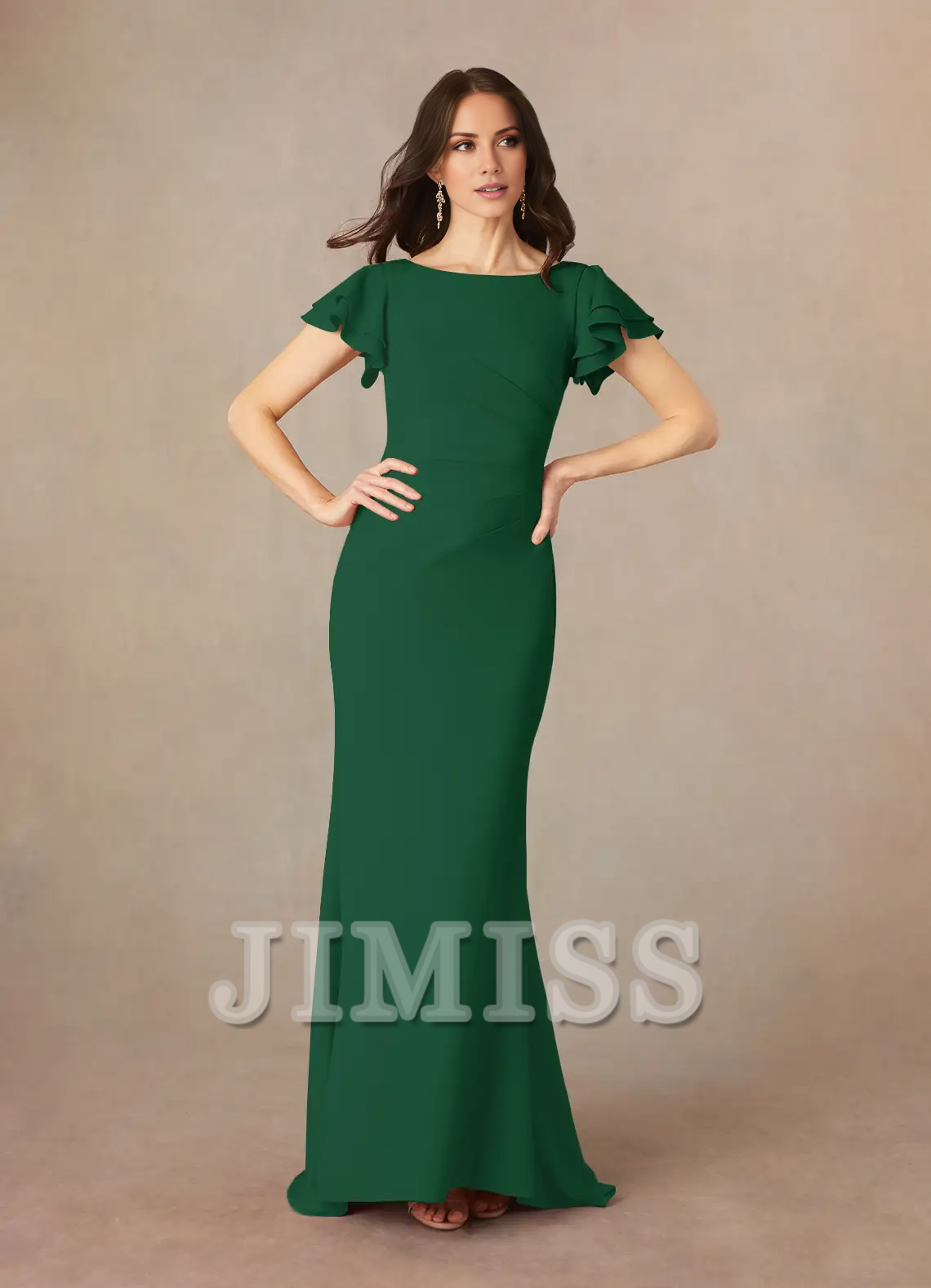 Burgundy Crepe Boat Neck Flutter Sleeve Floor-Length Bridesmaid Dress