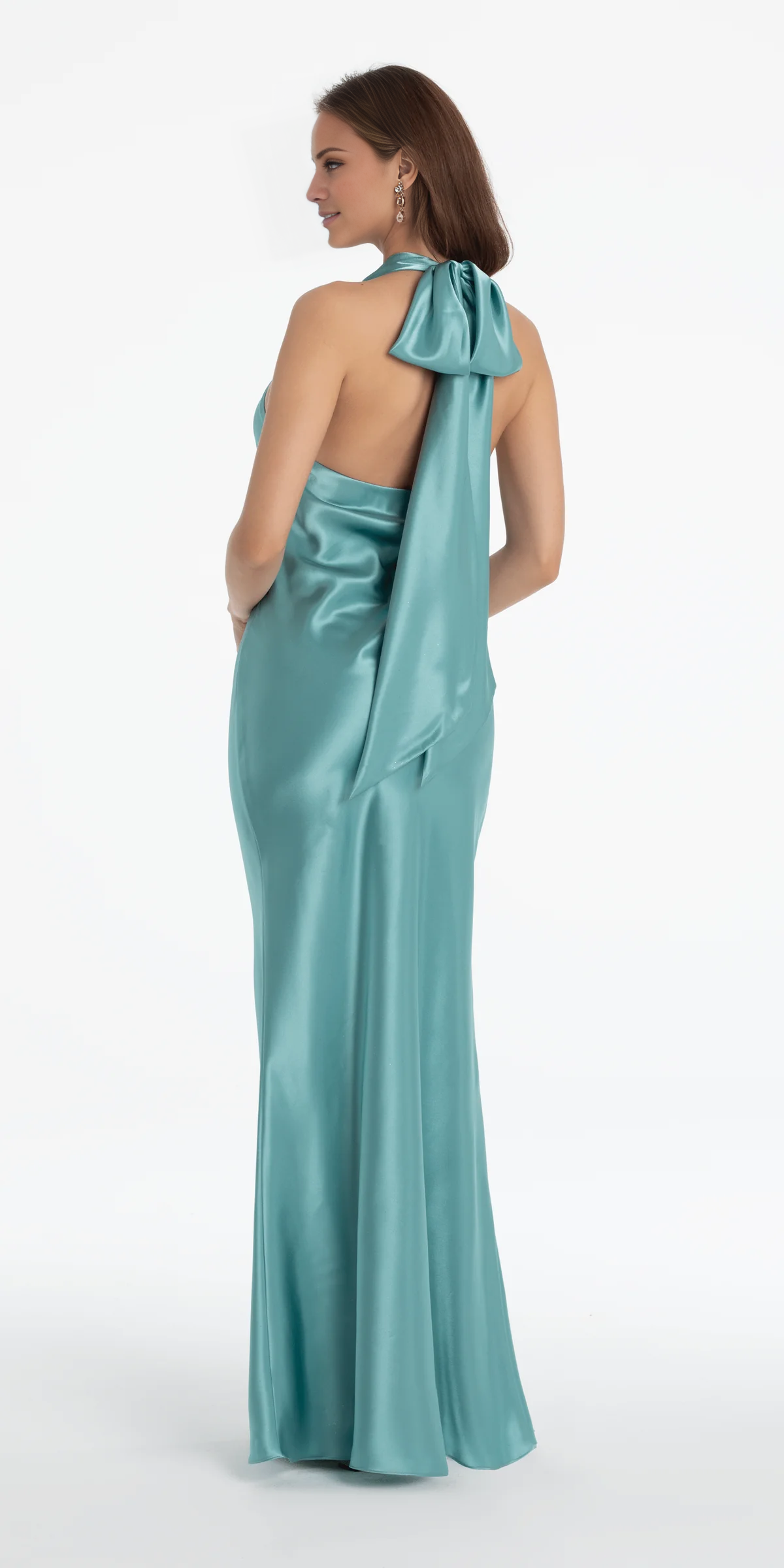 Vestido de fiesta Jimiss de satén con escote halter, sin mangas, con hombros descubiertos y largo hasta el suelo 