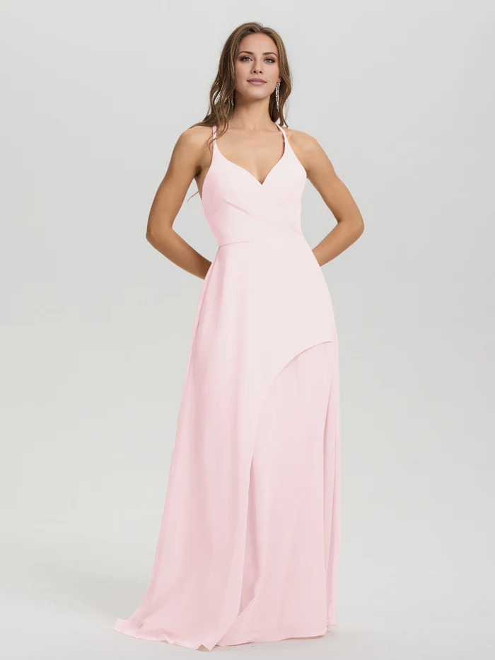 Shoulder strap V-neck backless long chiffon formal and floor length Bridesmaid dresses