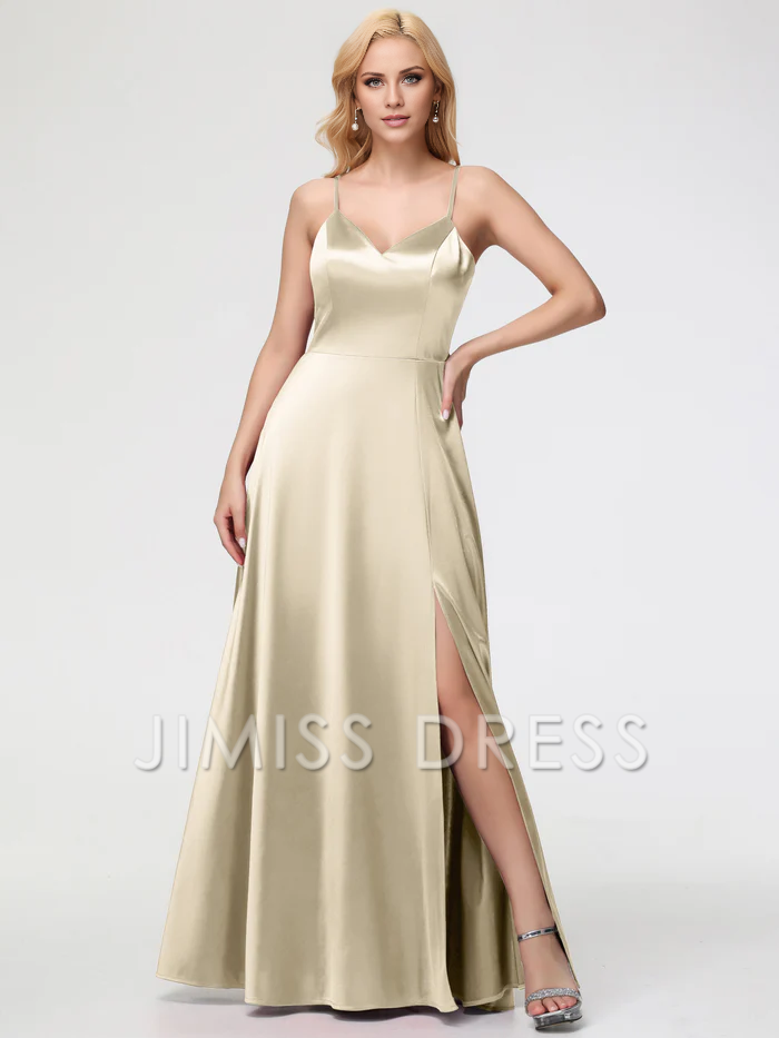 Vestido de fiesta Jimiss de satén sin mangas, con escote en V y tirantes finos