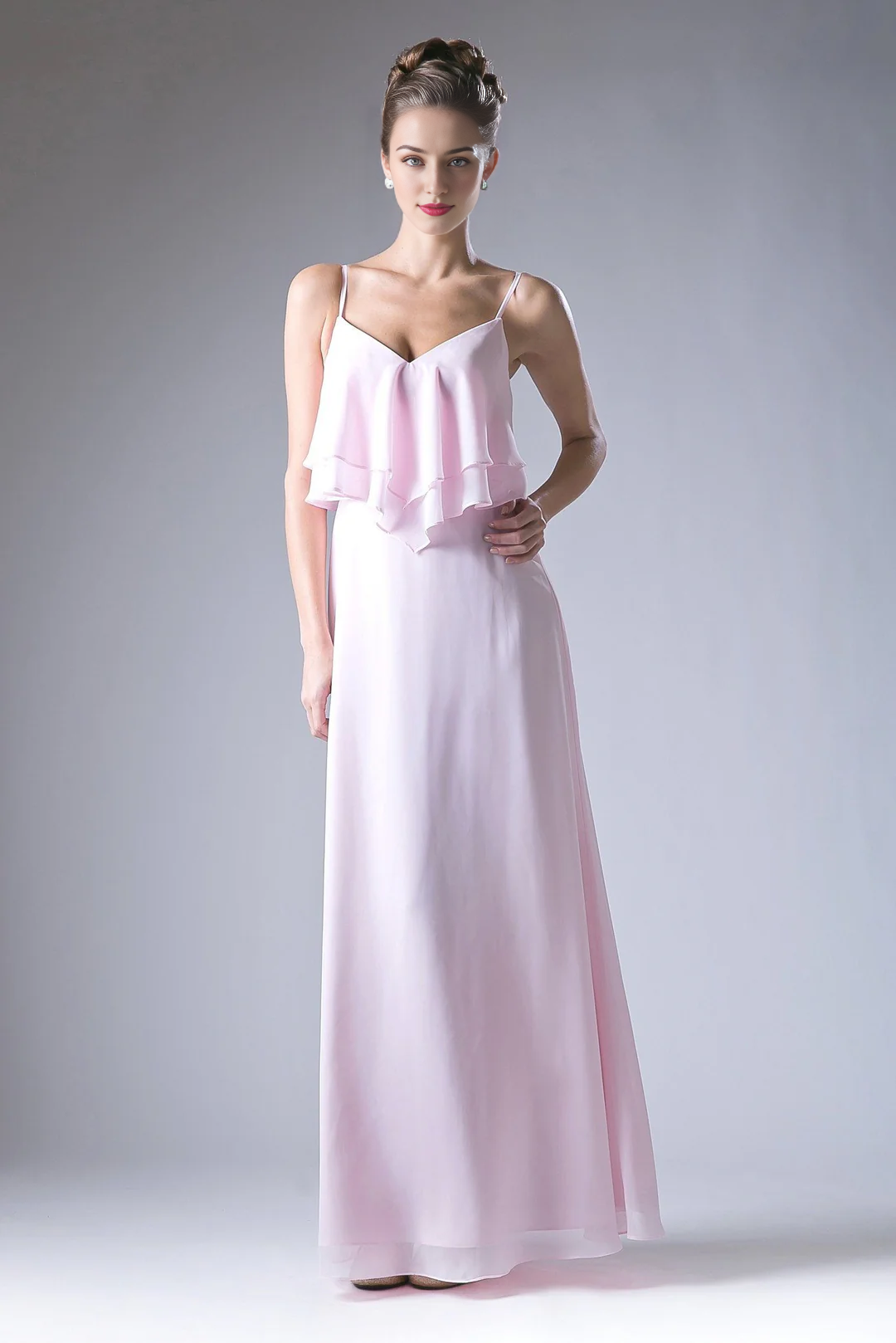 Red Chiffon A-Line V-Neck Floor-Length Bridesmaid Dress with Tiered Ruffles