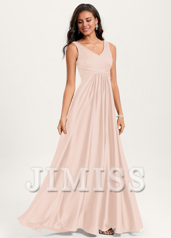 Vestido de dama de honor de satén con volantes, escote en V y largo hasta el suelo