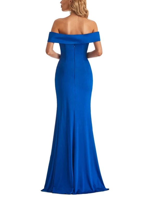 Abiti da damigella d'onore lunghi e formali in jersey con spacco laterale e spalle scoperte, stile sirena sexy