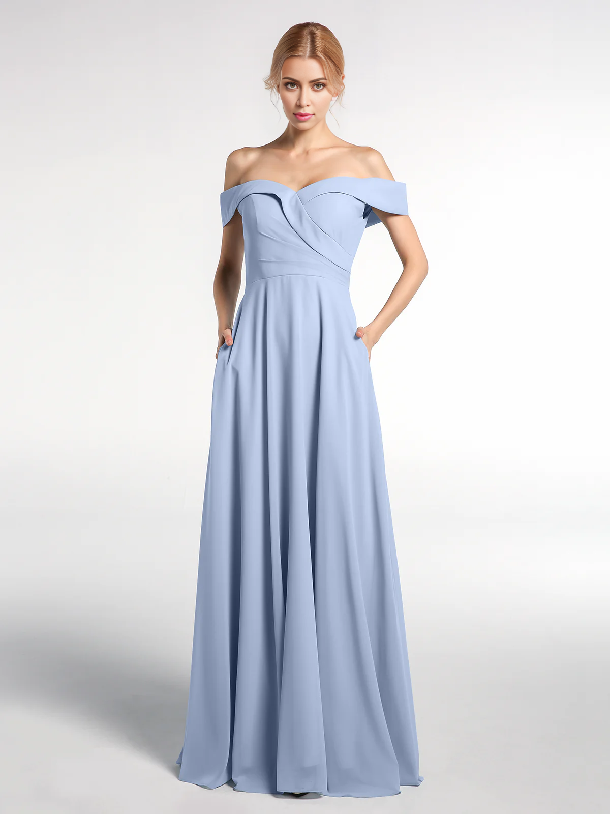 Vestido de falda redonda con bolsillos y hombros descubiertos