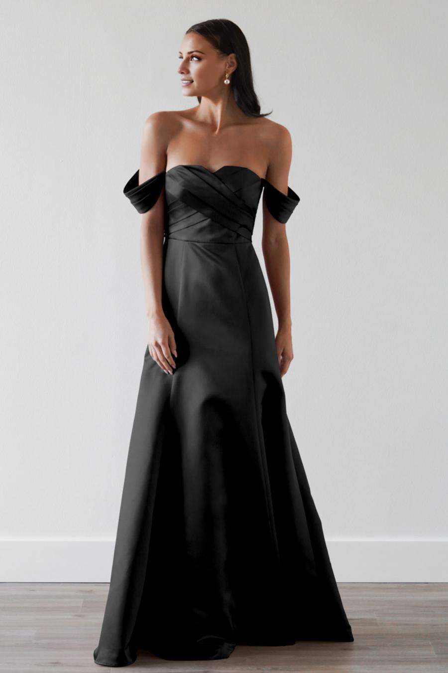 Vestido de noche Jimiss con hombros descubiertos, plisado, sin espalda y largo hasta el suelo