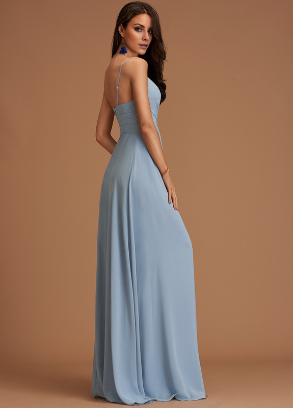 Vestido de dama de honor plisado de gasa hasta el suelo con escote en V y corte A