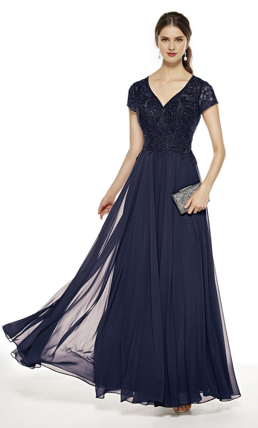 Burgundy Lace A-Line Floor-Length Bridesmaid Dress with V-Neck & Short Sleeves