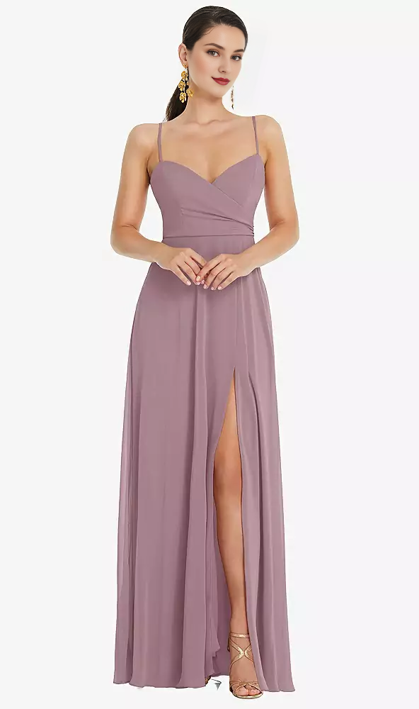 Blushing Pink Chiffon A-Line Sweetheart Floor-Length Bridesmaid Dress with High Slit & Wrapped Bodice