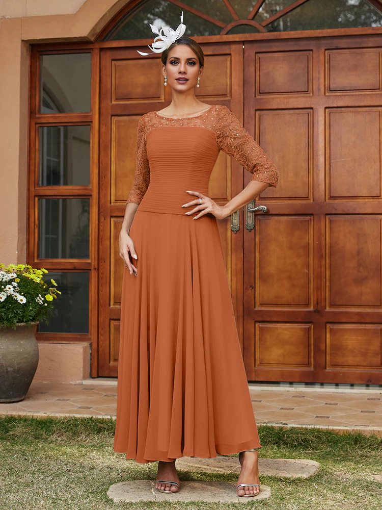 Silver Chiffon A-Line Tea-Length Dress with Boat Neck and Pleated Bodice and Lace Sleeves