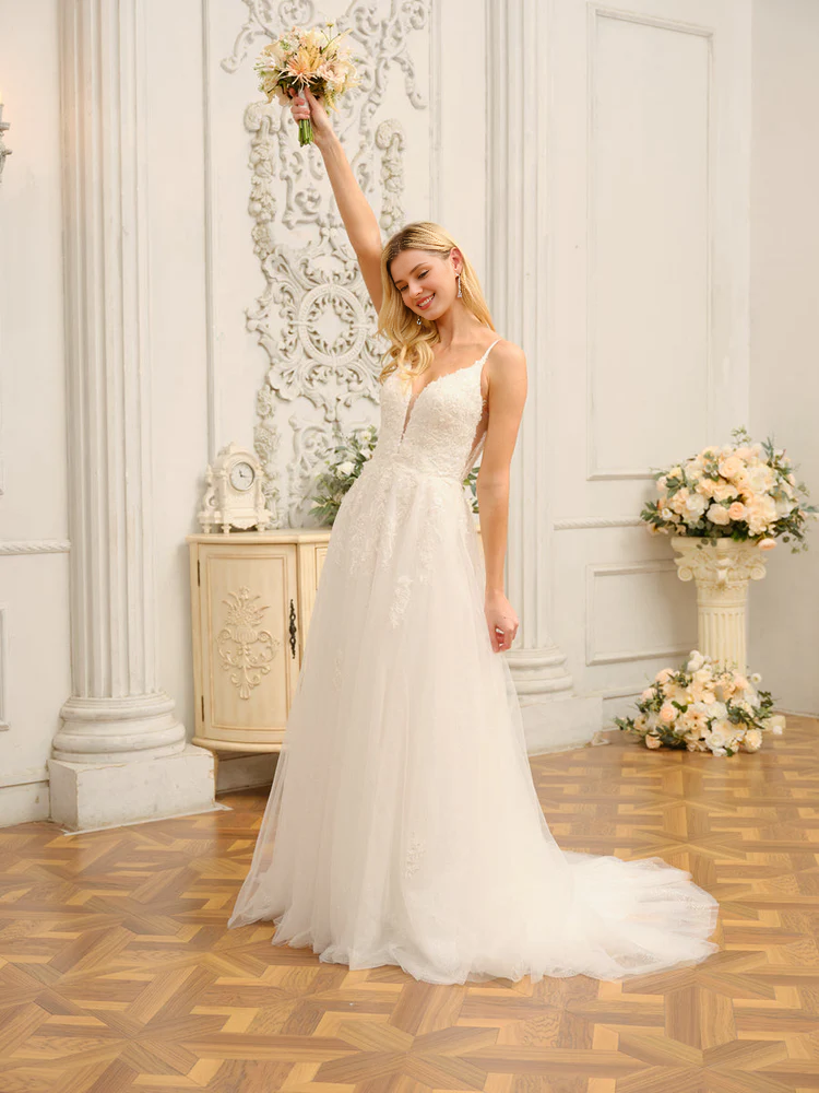 Vestido de novia largo sin mangas con tirantes finos, corte A y lentejuelas, estilo princesa