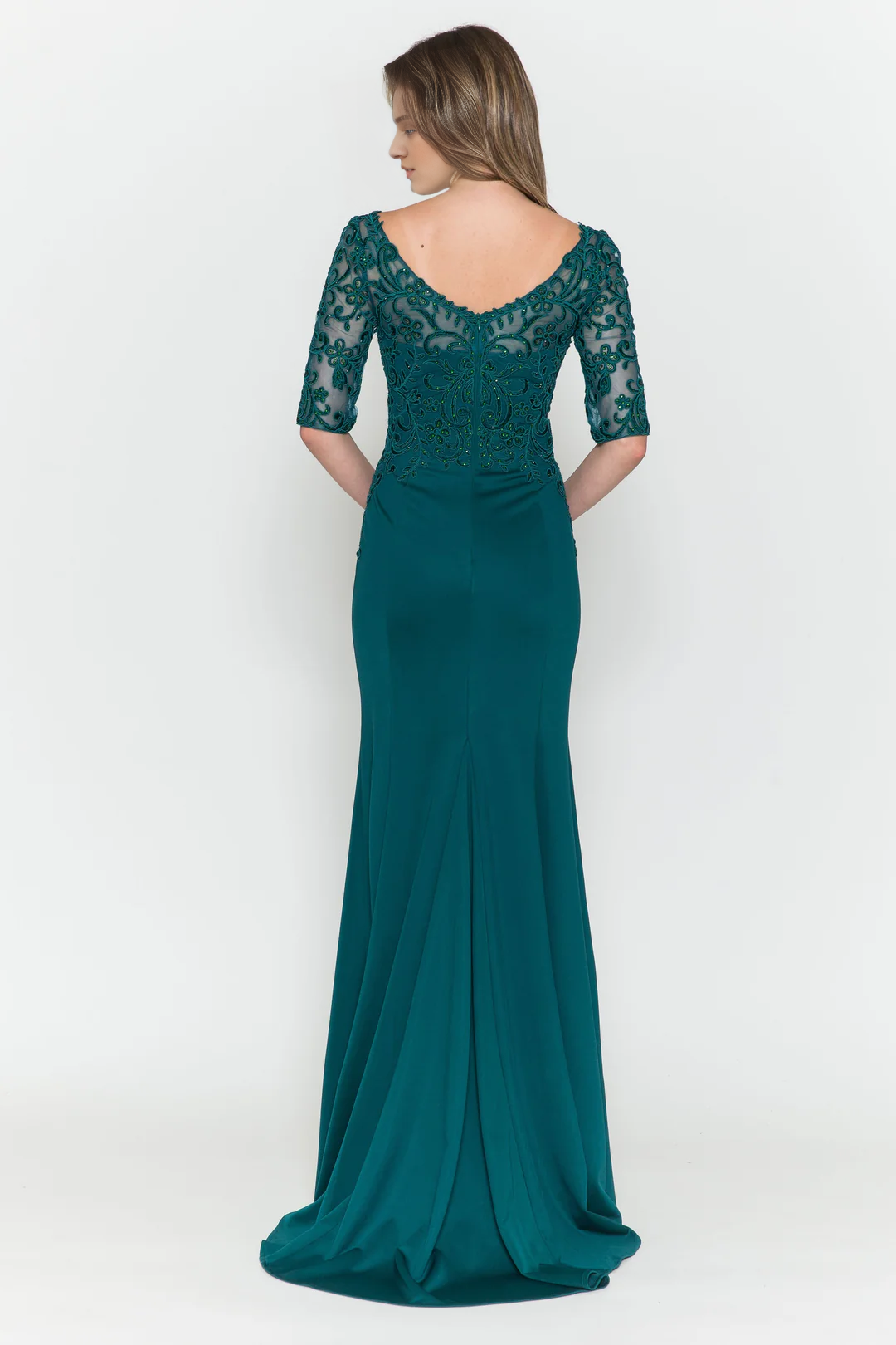 Emerald Lace Floor-Length Evening Dress with V-Neck & 3/4 Sleeves