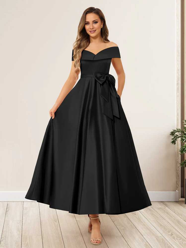 Burgundy Off-the-Shoulder A-Line Tea-Length Bridesmaid Dress