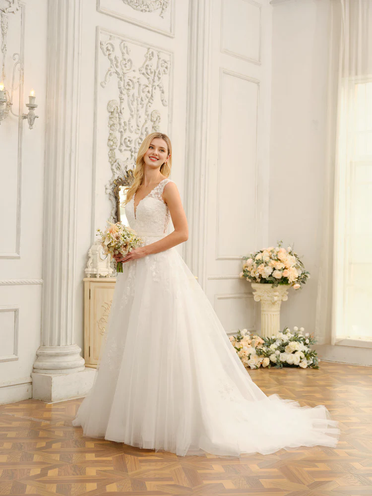 Vestido de novia largo con escote en V, sin mangas, con apliques y cuentas