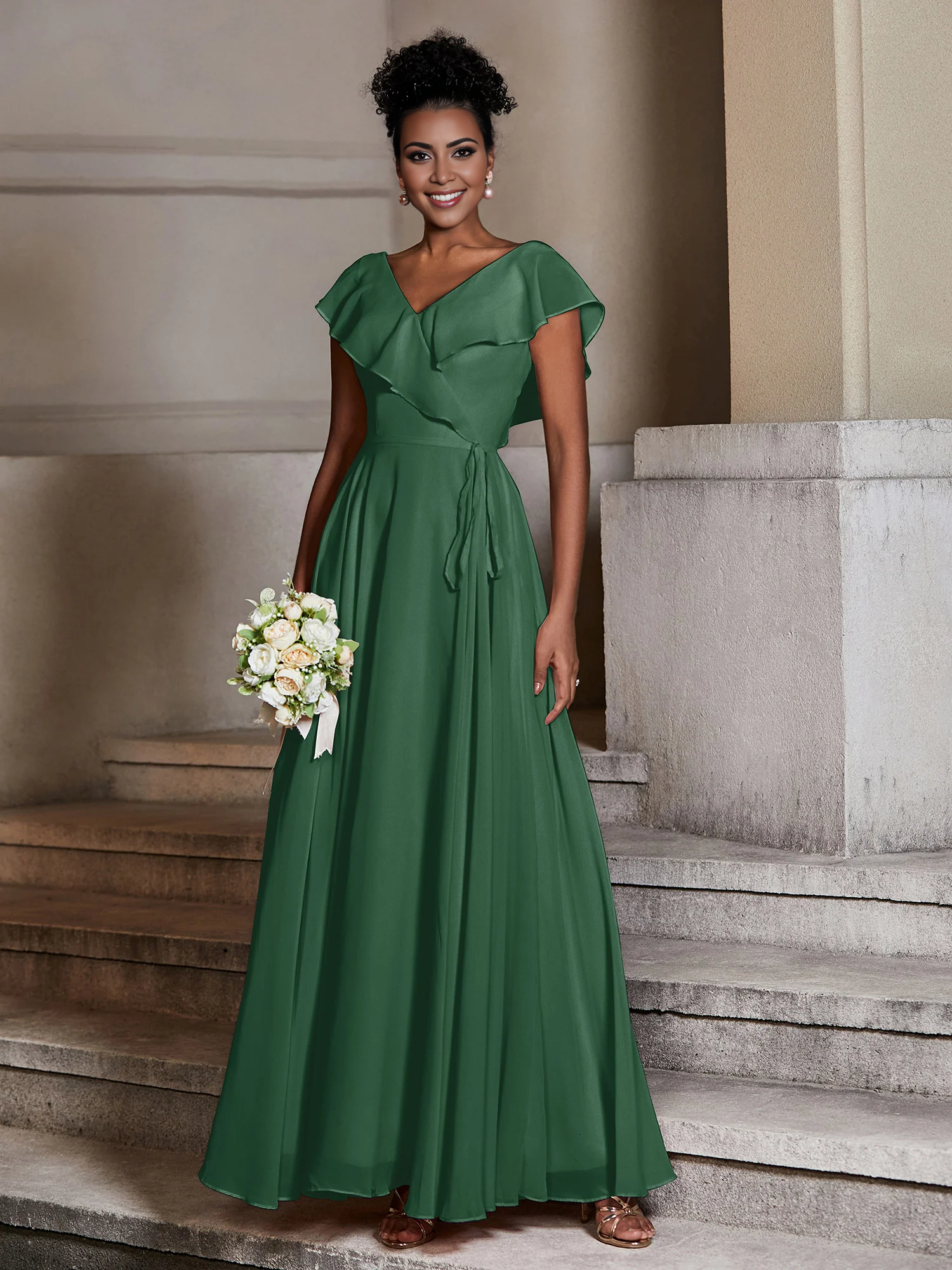 Vestido de gasa con capucha y cuello en V