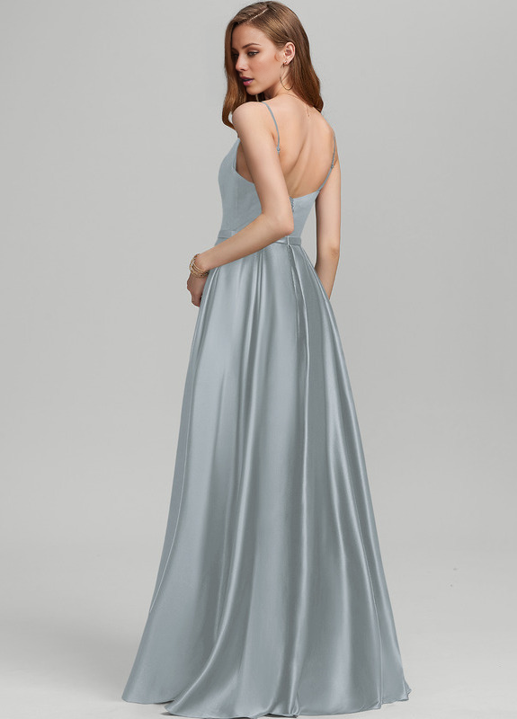 Abito da damigella d'onore in raso a trapezio con scollo a V e lunghezza al pavimento