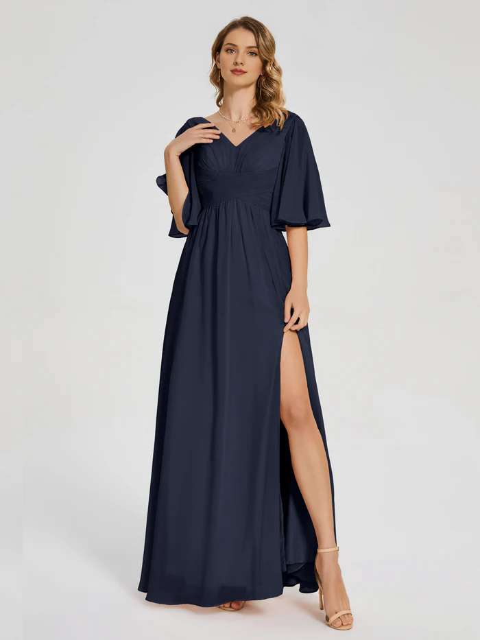 Burgundy Chiffon A-Line V-Neck Floor-Length Dress | Flutter Sleeve Bridesmaid Gown