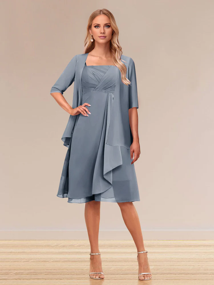 Abito formale da principessa a trapezio con maniche corte e bordi arricciati, abito per la madre della sposa 