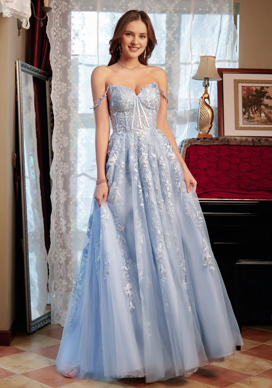 Dusty Blue Tulle A-Line Floor-Length Evening Dress with Floral Embroidery