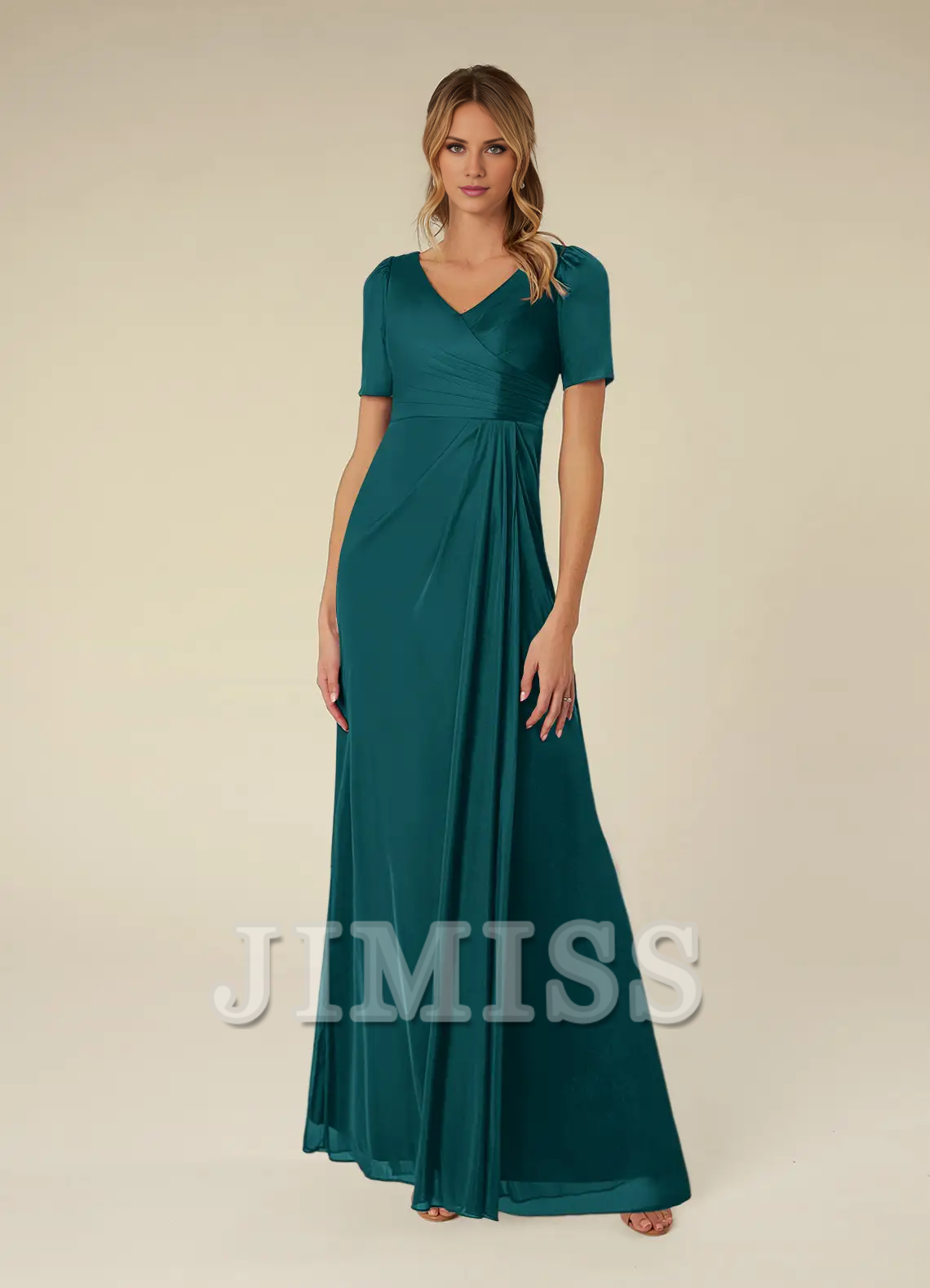 Abito da madre della sposa lungo fino al pavimento, a maniche corte, in rete plissettata, a trapezio