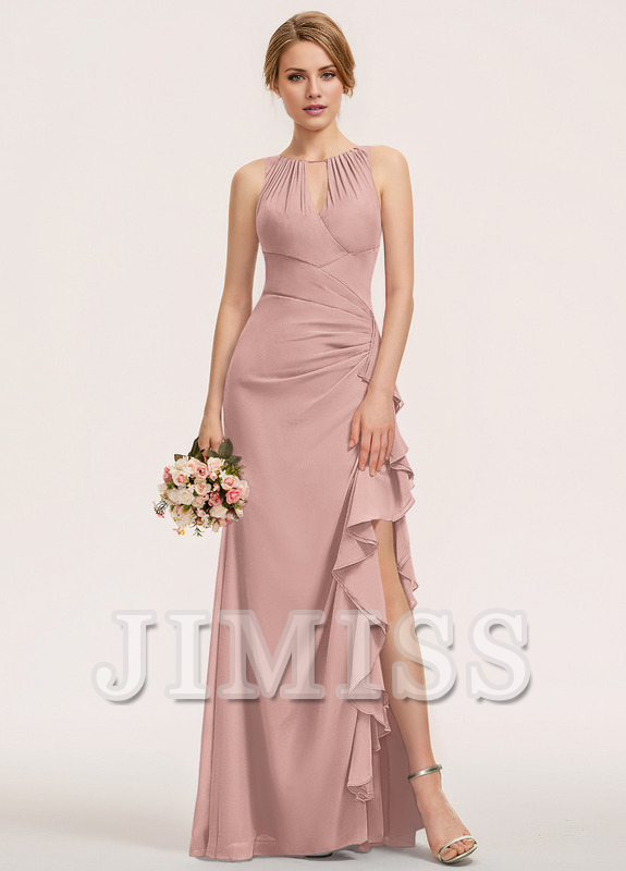 Vestido de dama de honor de gasa con escote redondo y corpiño con volantes escalonados