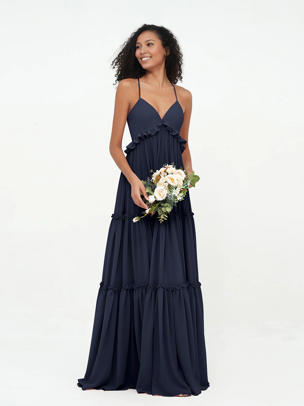 Sage Green Chiffon Tiered Floor-Length Dress with V-Neck and Ruffle Trim