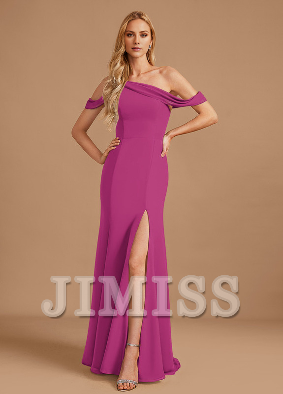 Vestido de dama de honor de gasa con corte trompeta, largo hasta el suelo, con un solo hombro y cola Mercedes