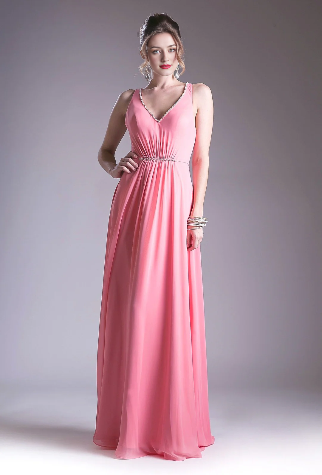 Pink Chiffon A-Line Floor-Length Dress with Ruched Bodice & Embellished V-Neck