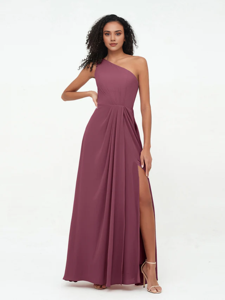 Olive Green Chiffon A-Line Floor-Length One Shoulder Dress with Draped Bodice and High Slit