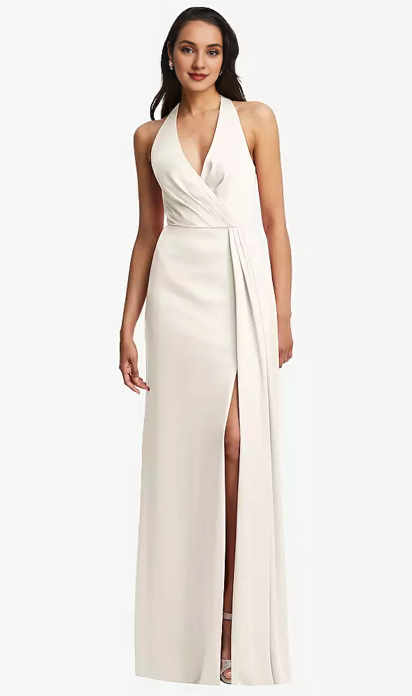 Abito da ballo lungo fino al pavimento, con scollo a V plissettato e spacco posteriore