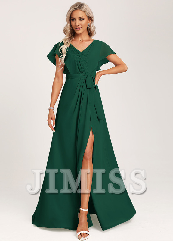 Vestido de dama de honor de gasa con volantes, escote en V y largo hasta el suelo