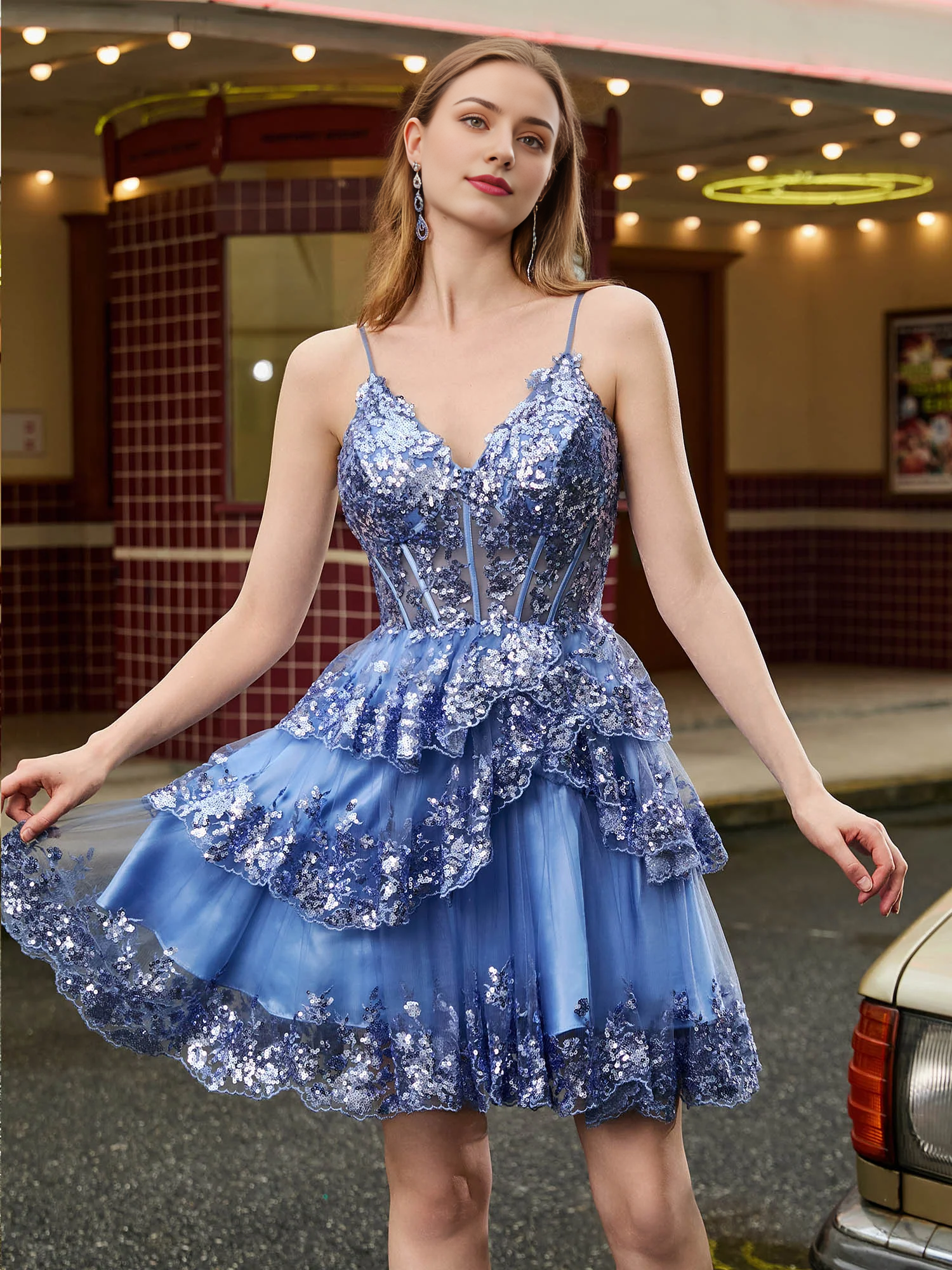 Shiny V-neck thin shoulder strap with stacked short Homecoming dress