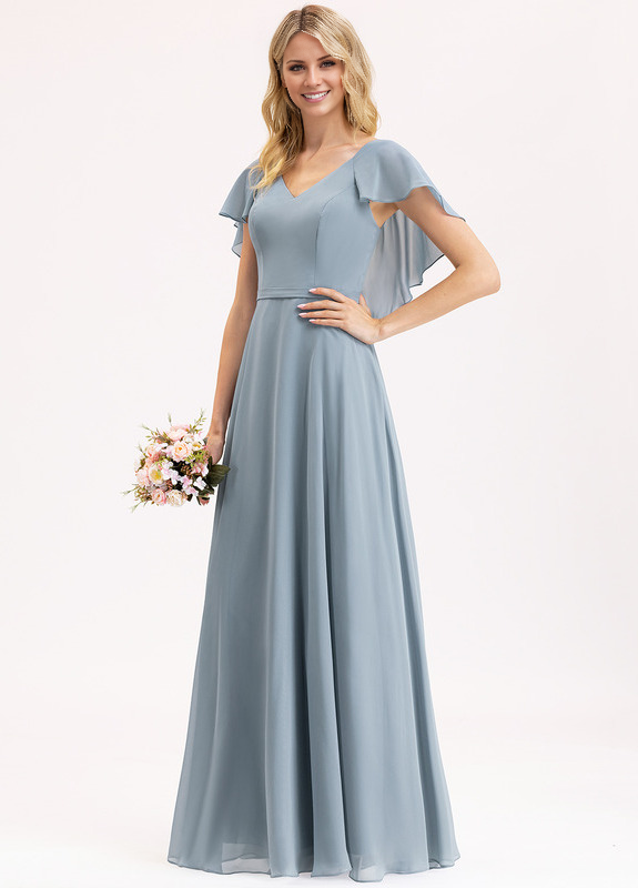 Vestido de dama de honor de gasa con escote en V, volantes escalonados y largo hasta el suelo