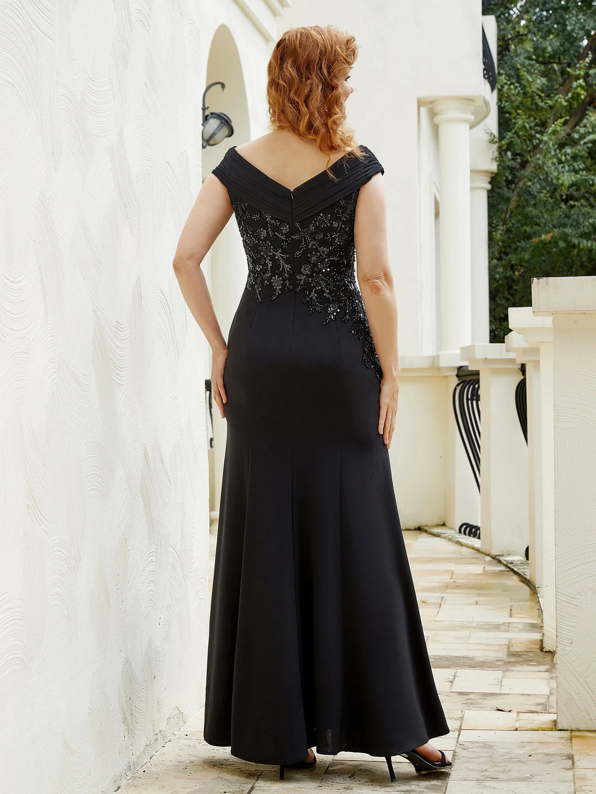 Off-the-Shoulder Sequin Black Floor-Length Evening Dress