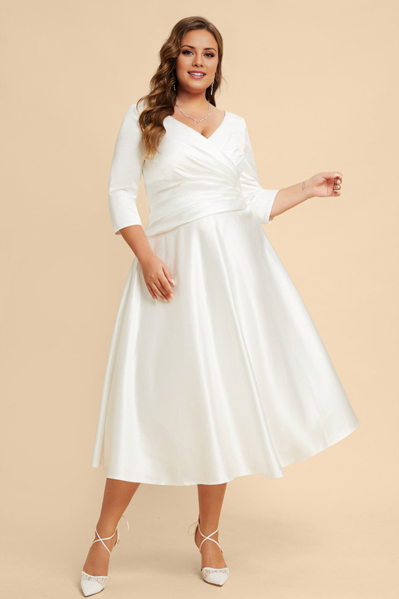Ivory Satin Tea-Length A-Line V-Neck Dress with Draped Bodice