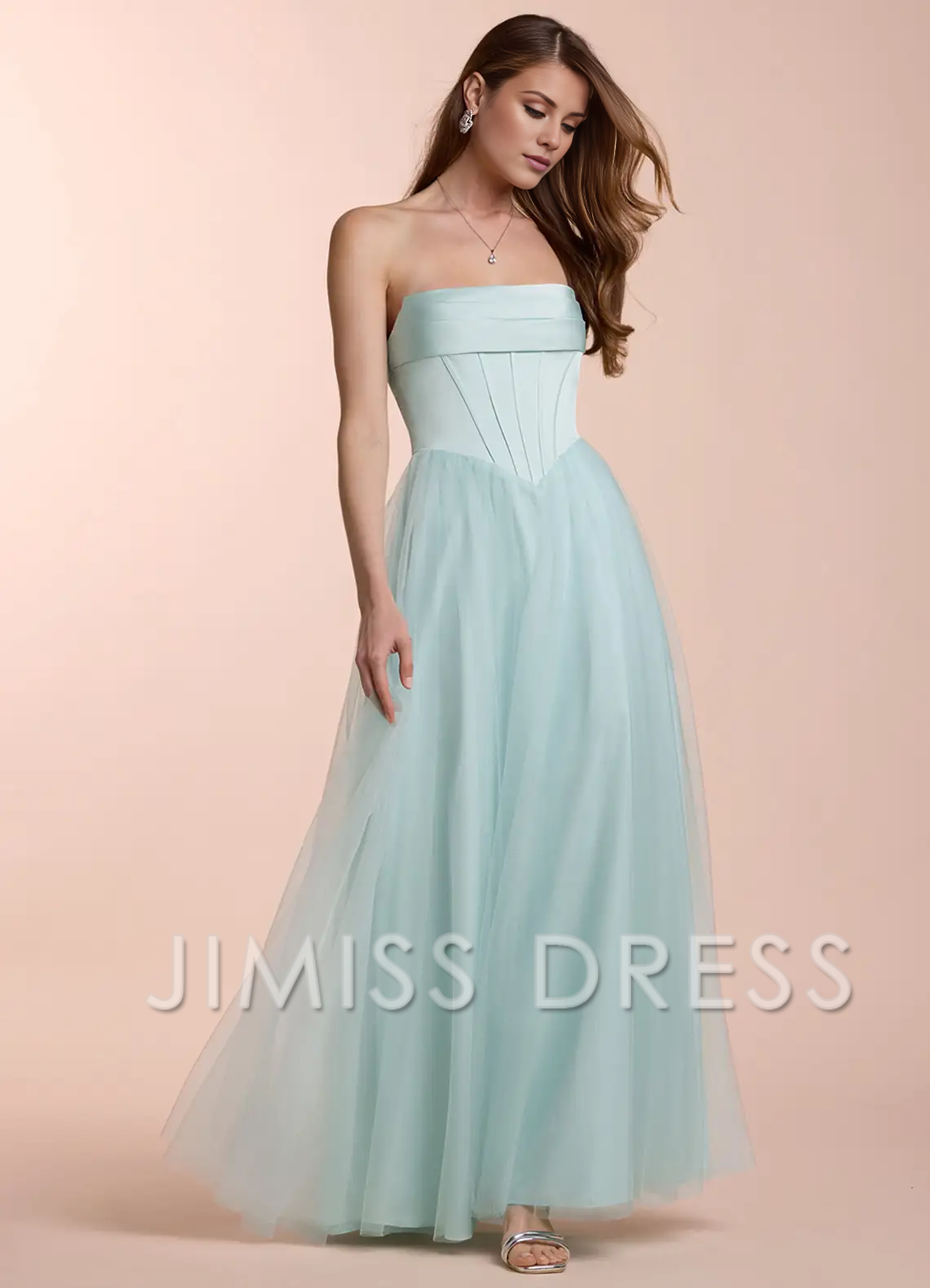Jimiss - Vestido de fiesta transparente, sin tirantes y largo hasta el suelo con cuello al descubierto 