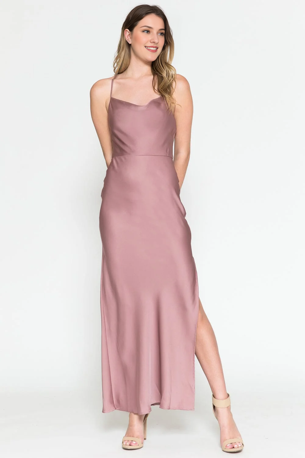 Fitted slit skirt long sleeveless high neck satin dress