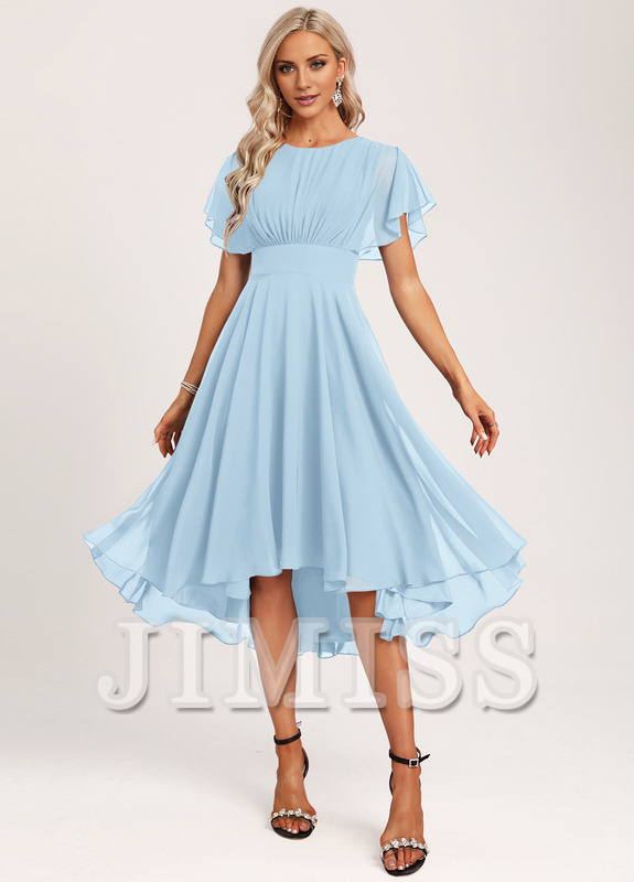 Vestido de dama de honor asimétrico de gasa con volantes, corte A y cuchara