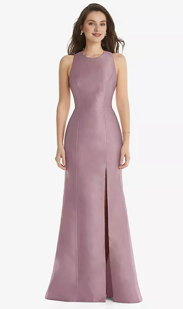 Vestido de fiesta con escote joya, mariposa, condensación en la espalda y abertura frontal tipo cuerno