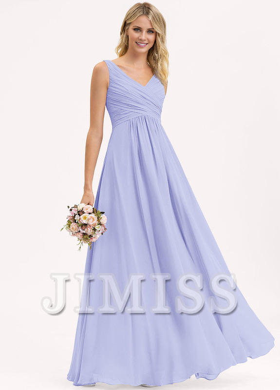 Abito da damigella d'onore in chiffon plissettato, lungo fino al pavimento, con scollo a V e linea ad A