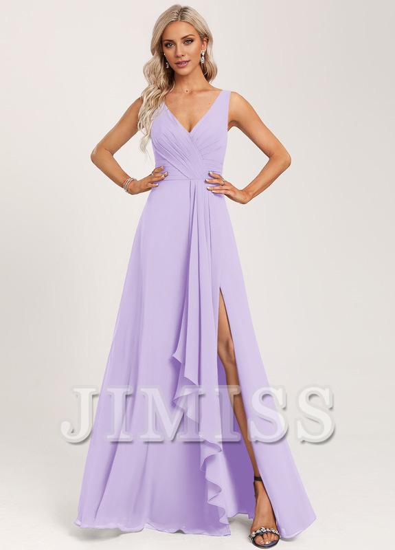 Vestido de dama de honor de gasa con volantes, escote en V y largo hasta el suelo