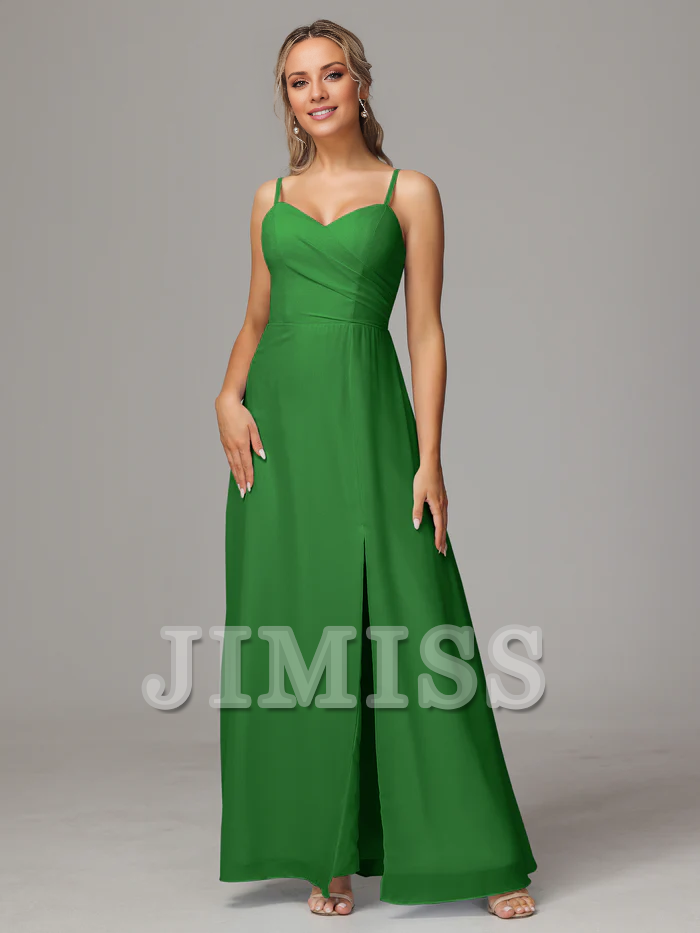 Vestido de dama de honor de gasa con escote en forma de corazón, tirantes finos y abertura lateral