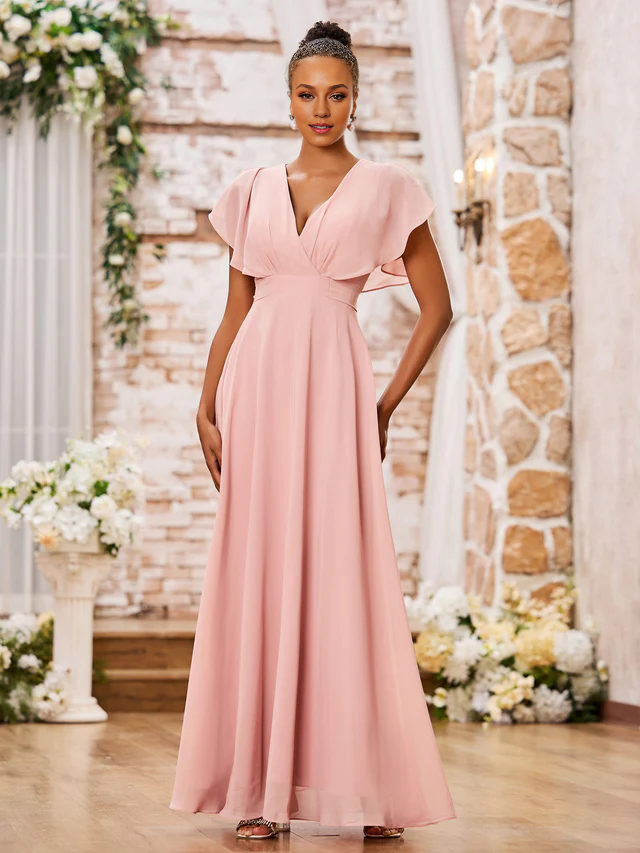 Chiffon Flutter-Sleeve V-Neck Ruched Bodice A-Line Floor-Length Bridesmaid Dresses
