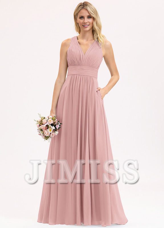 Vestido de dama de honor de gasa con escote en V, largo hasta el suelo y lazo con volantes