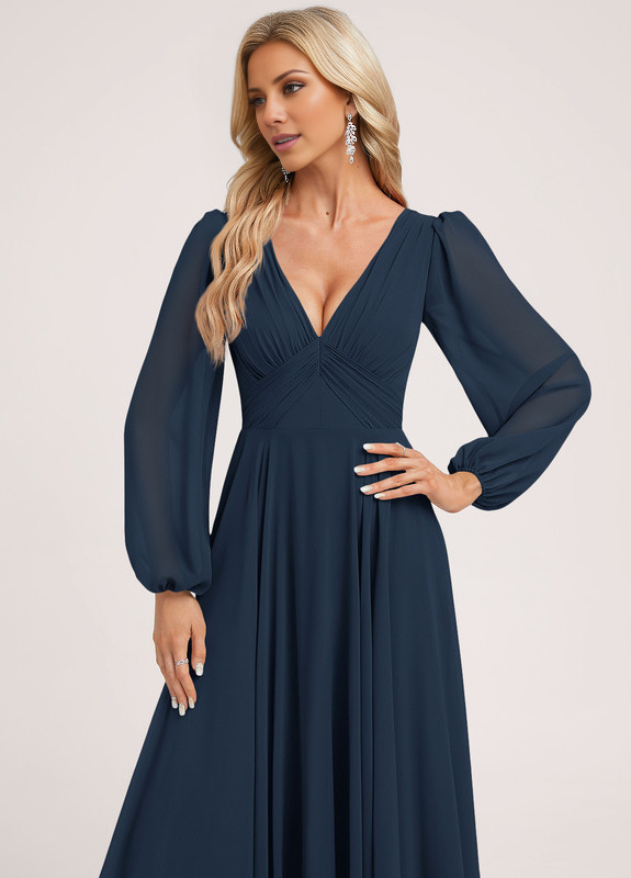 Dark Navy Chiffon A-Line Floor-Length Bridesmaid Dress with V-Neck and Ruched Bodice, Bishop Sleeves