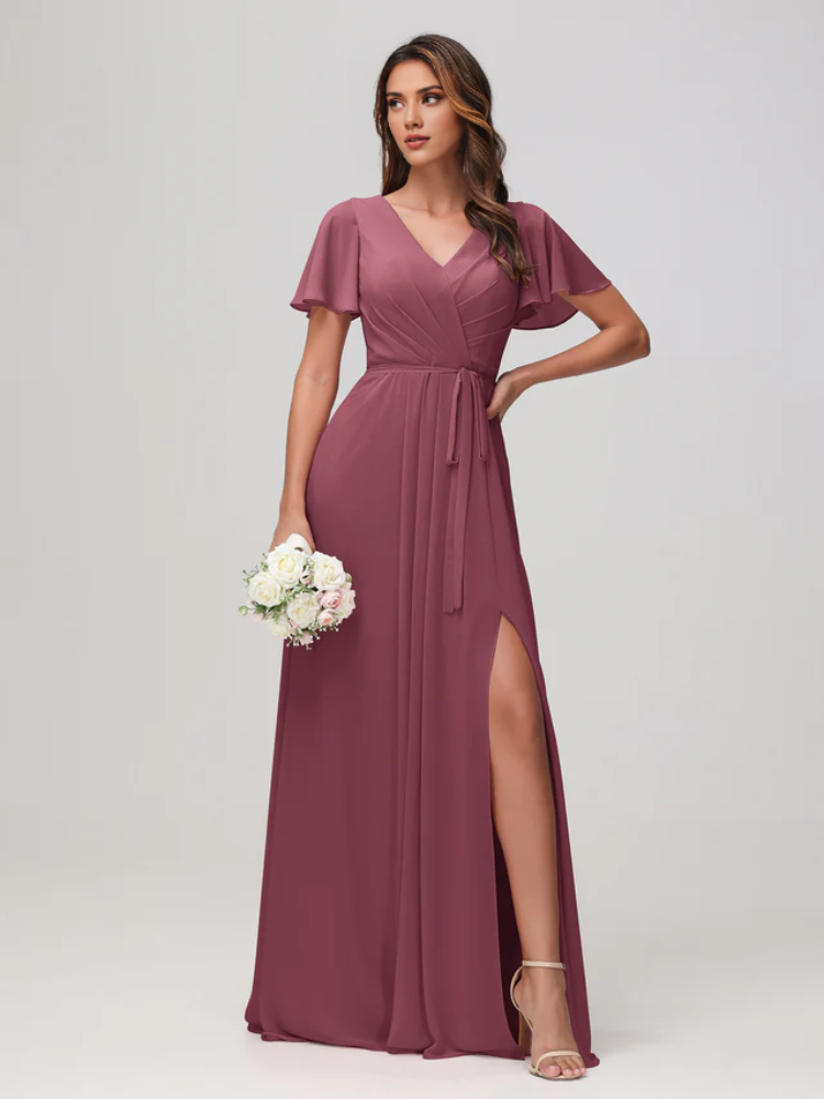Olive Green Chiffon A-Line Floor-Length Dress with V-Neck, Pleated Bodice & Flutter Sleeves - Jimiss