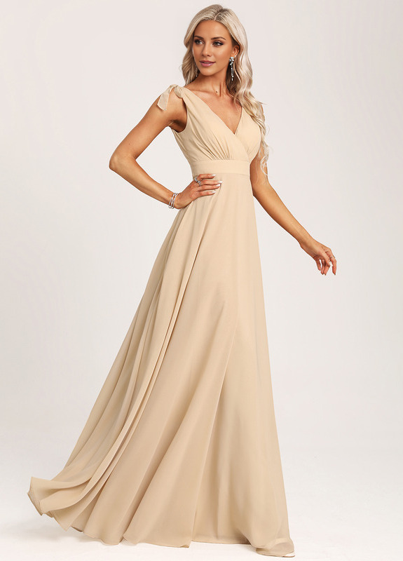 Champagne Chiffon A-Line V-Neck Floor-Length Bridesmaid Dress with Ruched Bodice and High Slit